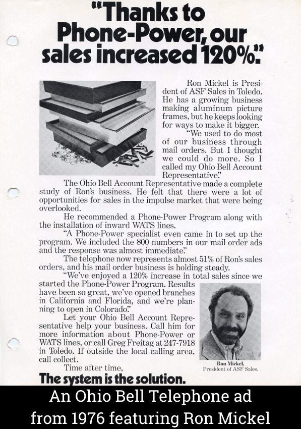 An Ohio Bell Telephone ad from 1976 featuring Ron Mickel An Ohio Bell Telephone ad from 1976 featuring Ron Mickel