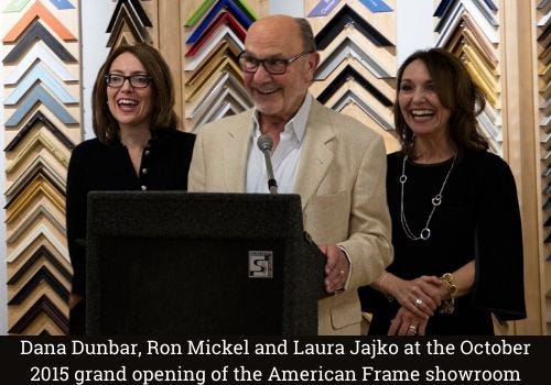 Dana Dunbar, Ron Mickel, and Laura Jajko at the October 2015 grand opening of the American Frame showroom