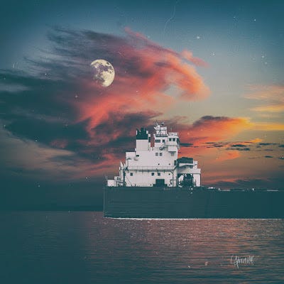 An edited photograph collage of a castle over a river at sunset An edited photograph collage of a castle over a river at sunset