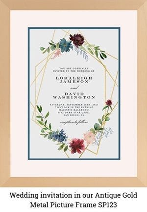 "Wedding invitation in our Antique Gold Metal Picture Frame SP123" "Wedding invitation in our Antique Gold Metal Picture Frame SP123"
