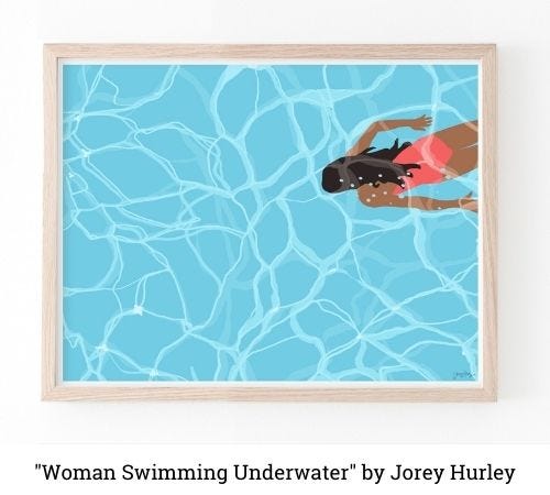 A piece by Jorey Hurley of a woman swimming underwater A piece by Jorey Hurley of a woman swimming underwater
