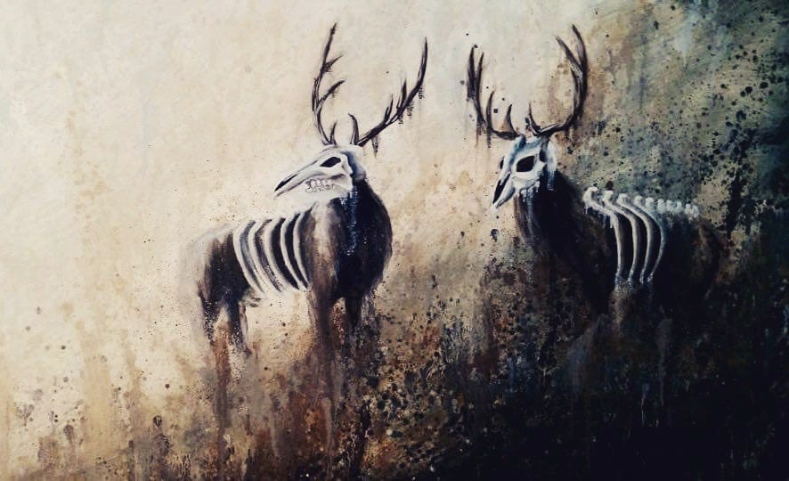 A painting of deer with skeleton heads and ribs A painting of deer with skeleton heads and ribs