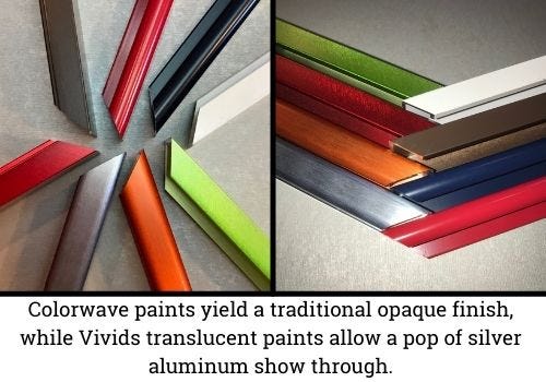 "Colorwave paints yield a traditional opaque finish, while Vivids translucent paints allow a pop of silver aluminum show through." "Colorwave paints yield a traditional opaque finish, while Vivids translucent paints allow a pop of silver aluminum show through."