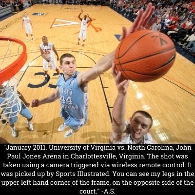 A photo of a blocked shot at a University of Virginia vs. North Carolina basketball game A photo of a blocked shot at a University of Virginia vs. North Carolina basketball game
