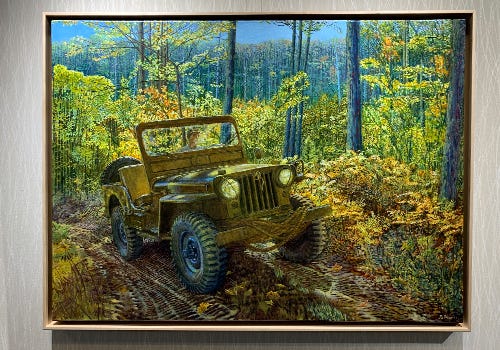 A painting of a Jeep in the forest A painting of a Jeep in the forest