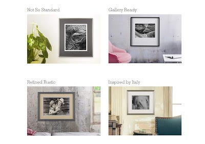 Four options in Curators' Choice: Not So Standard, Gallery Ready, Refined Rustic, and Inspired by Italy Four options in Curators' Choice: Not So Standard, Gallery Ready, Refined Rustic, and Inspired by Italy