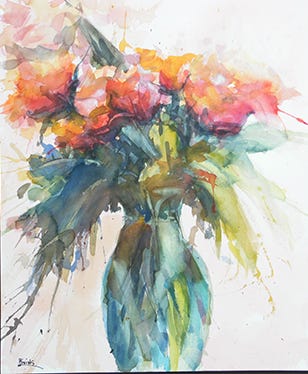 A watercolor of pink and red flowers in a blue tinted translucent vase A watercolor of pink and red flowers in a blue tinted translucent vase
