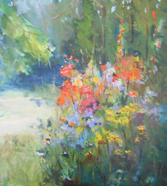 A painting of brightly colored flowers in a meadow A painting of brightly colored flowers in a meadow