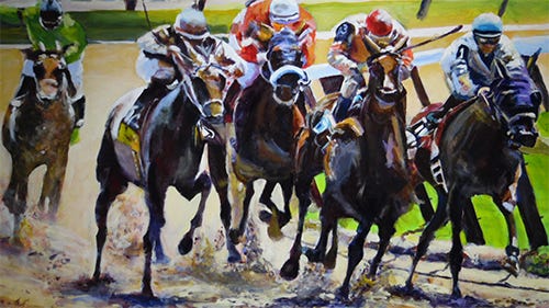 Watercolor of horses and jockeys mid-race Watercolor of horses and jockeys mid-race