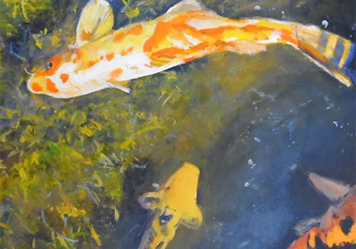 A painting of a koi fish in a pond A painting of a koi fish in a pond