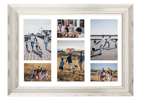 Family beach photographs in a multi-cut collage mat with an antique silver frame Family beach photographs in a multi-cut collage mat with an antique silver frame
