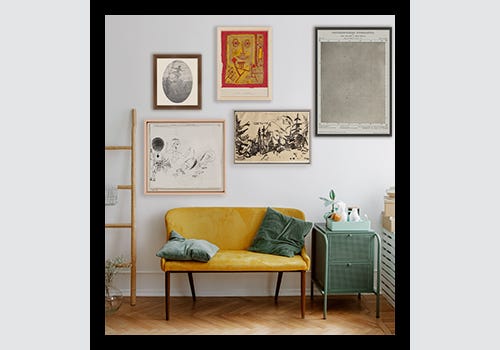 Gallery wall featuring a variety of wood and metal frames made by American Frame. Gallery wall featuring a variety of wood and metal frames made by American Frame.