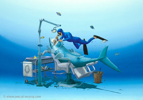 A painting of a scuba diver being a dentist for a shark A painting of a scuba diver being a dentist for a shark
