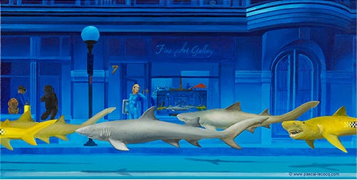 An underwater painting of sharks in a road like cars