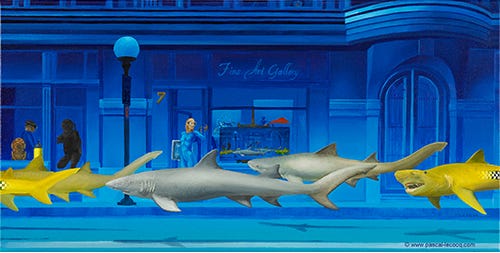 An underwater painting of sharks in a road like cars An underwater painting of sharks in a road like cars