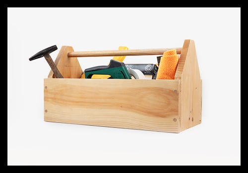 Natural wood tool box with picture framing tools. Natural wood tool box with picture framing tools.