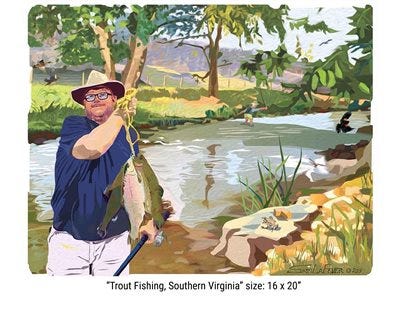 'Trout Fishing' by Virginia printmaker Sam LaFever. 'Trout Fishing' by Virginia printmaker Sam LaFever.