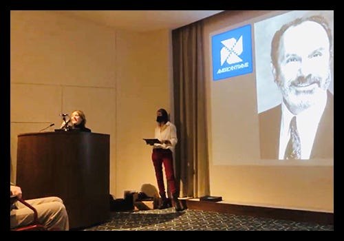 Laura Jajko, American Frame President, speaking at the FOCUS award show where her father Ron Mickel was recognized. Laura Jajko, American Frame President, speaking at the FOCUS award show where her father Ron Mickel was recognized.