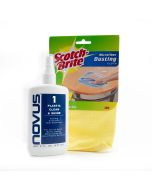 Novus plexi-glass cleaner with  a microfiber cloth in a kit to easily remove dust and fingerprints from acrylic.
