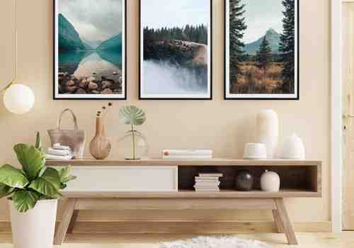 Landscape triptych framed with a black metal frame and white mat board. Landscape triptych framed with a black metal frame and white mat board.