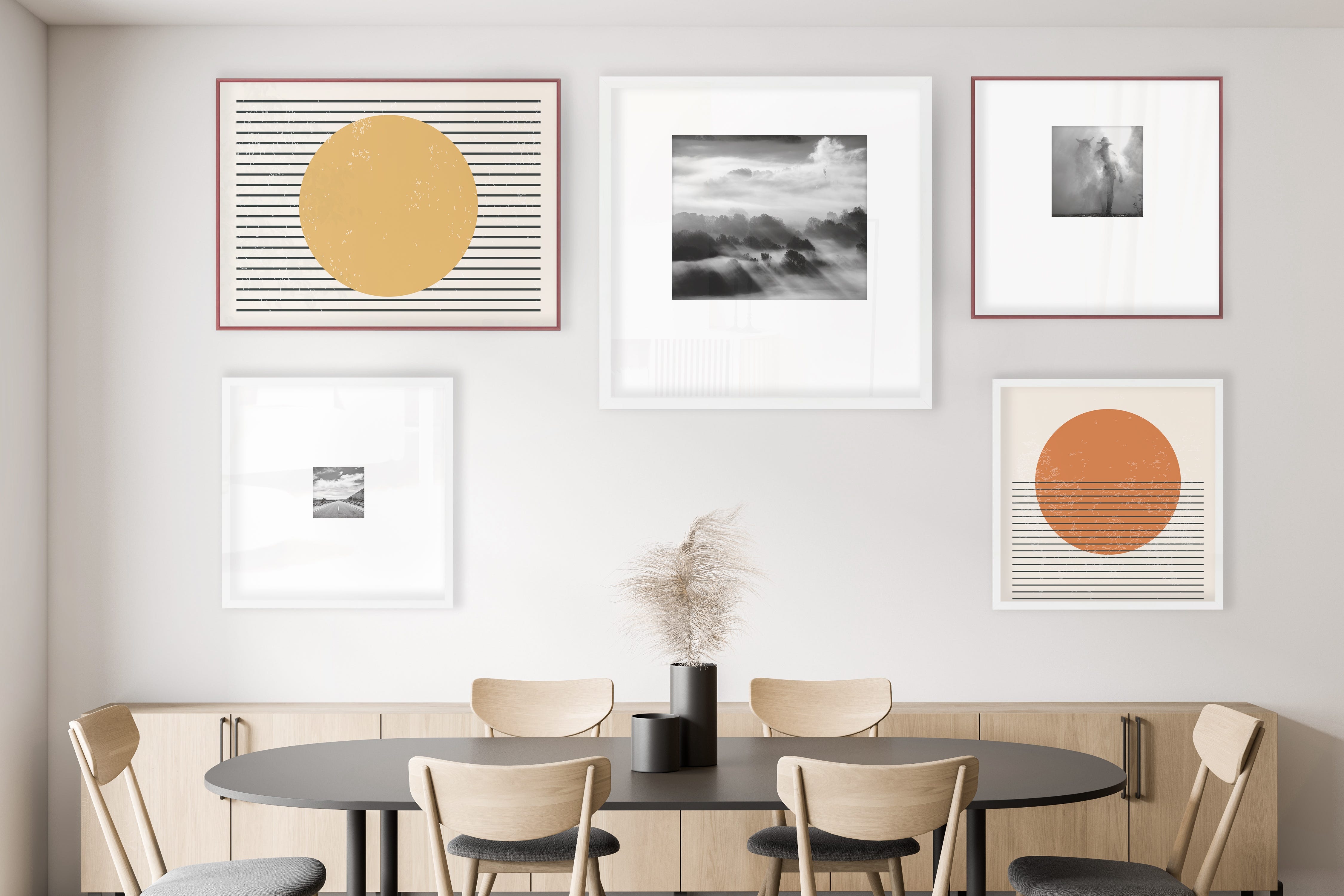 Gallery wall installation of high impact frame designs and art.
