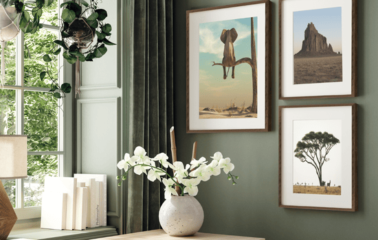 A gallery display on a blue wall