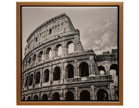 The Colosseum in Rome printed on canvas and framed with an antique gold canvas float frame