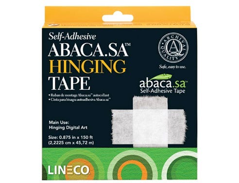 Yellow and black box of self adhesive abaca hinging tape made by Lineco®