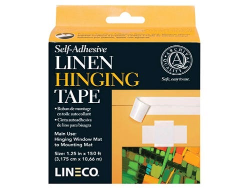 Yellow and black box of self adhesive linen hinging tape made by Lineco®