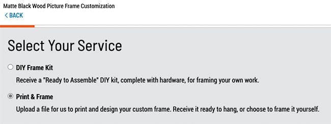 Select either a DIY picture frame kit or our exclusive print and frame service