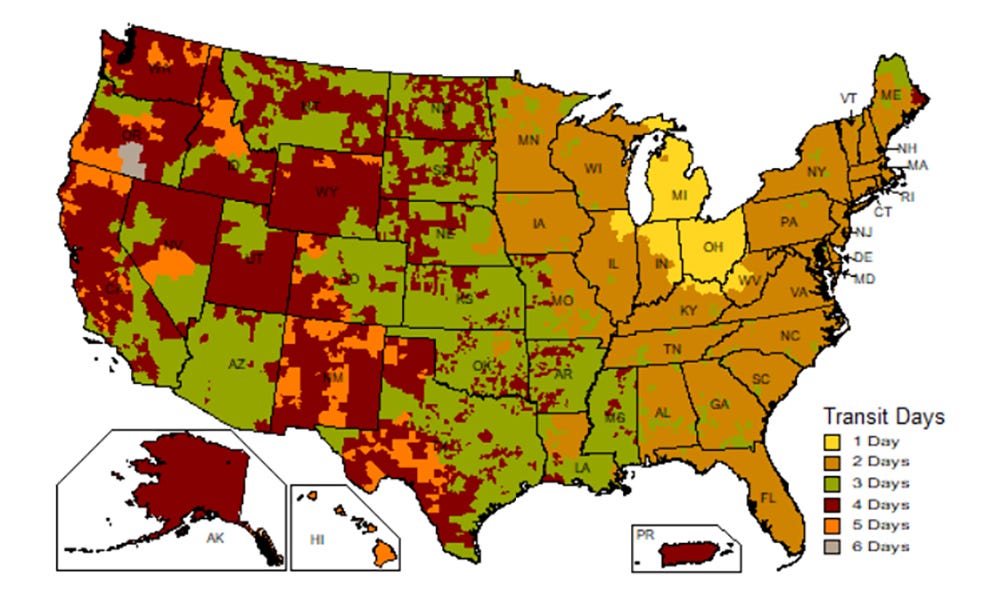 Days in transit map of United States to know when to expect your picture frame order